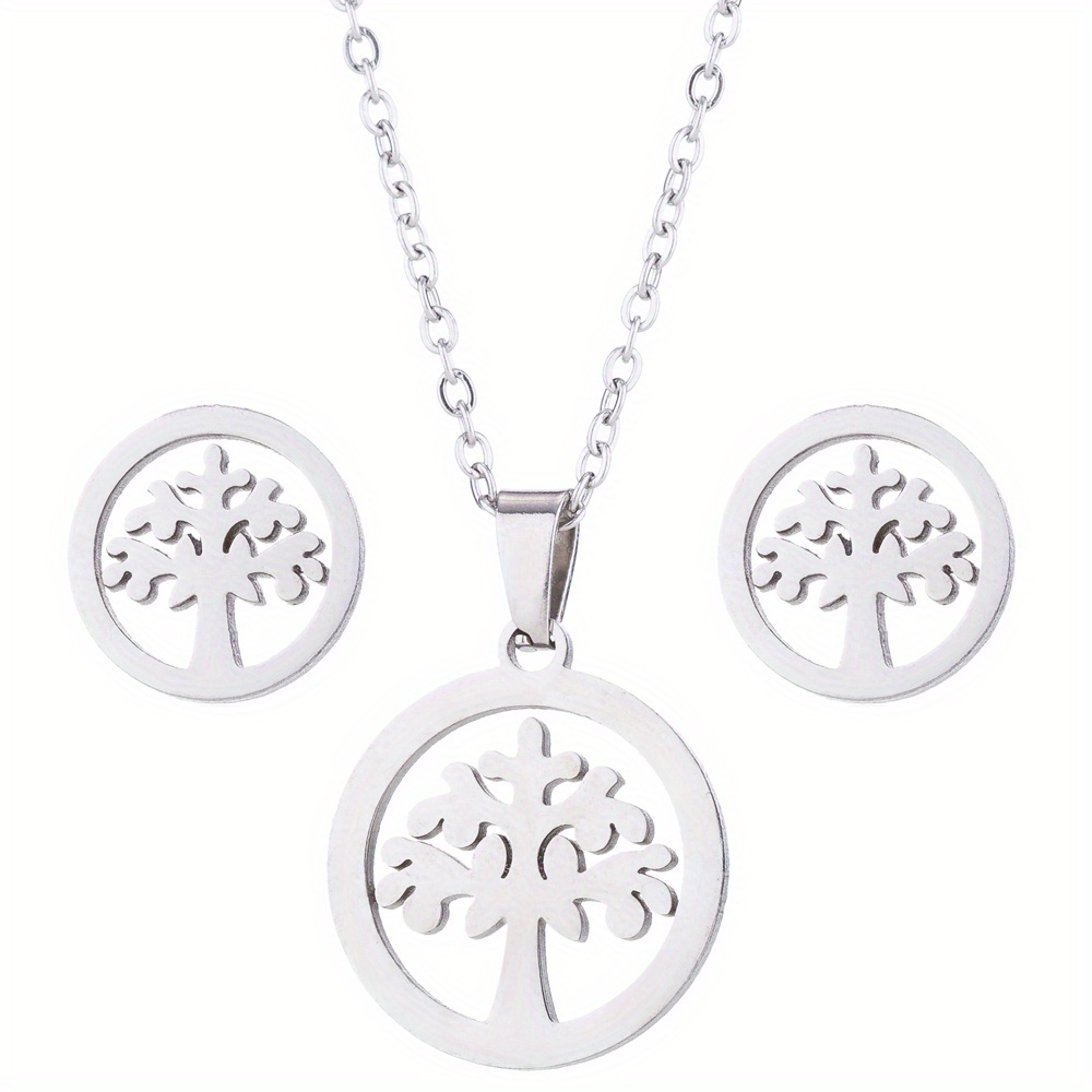 Stainless Steel Monstera Pendant Necklace Set